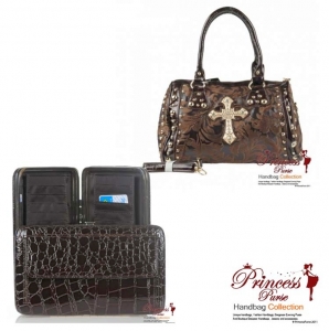 Combo!! Designer Inspired  Handbag w/Rhinestone Cross Emblem and Gold Studs Decoration w/ Matching Wallet.